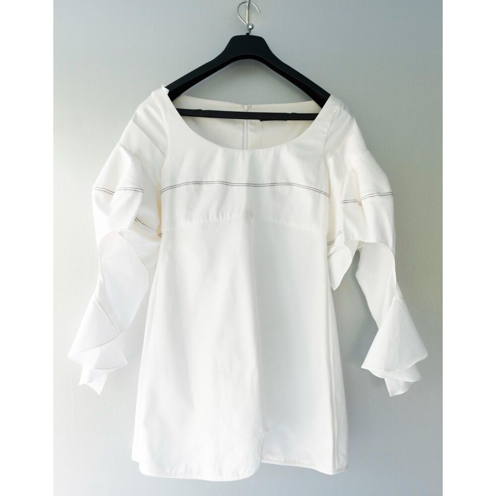Ellery White Cream Pinstripe Ruffle Draped Sleeve A-Line Mini Dress Size 10